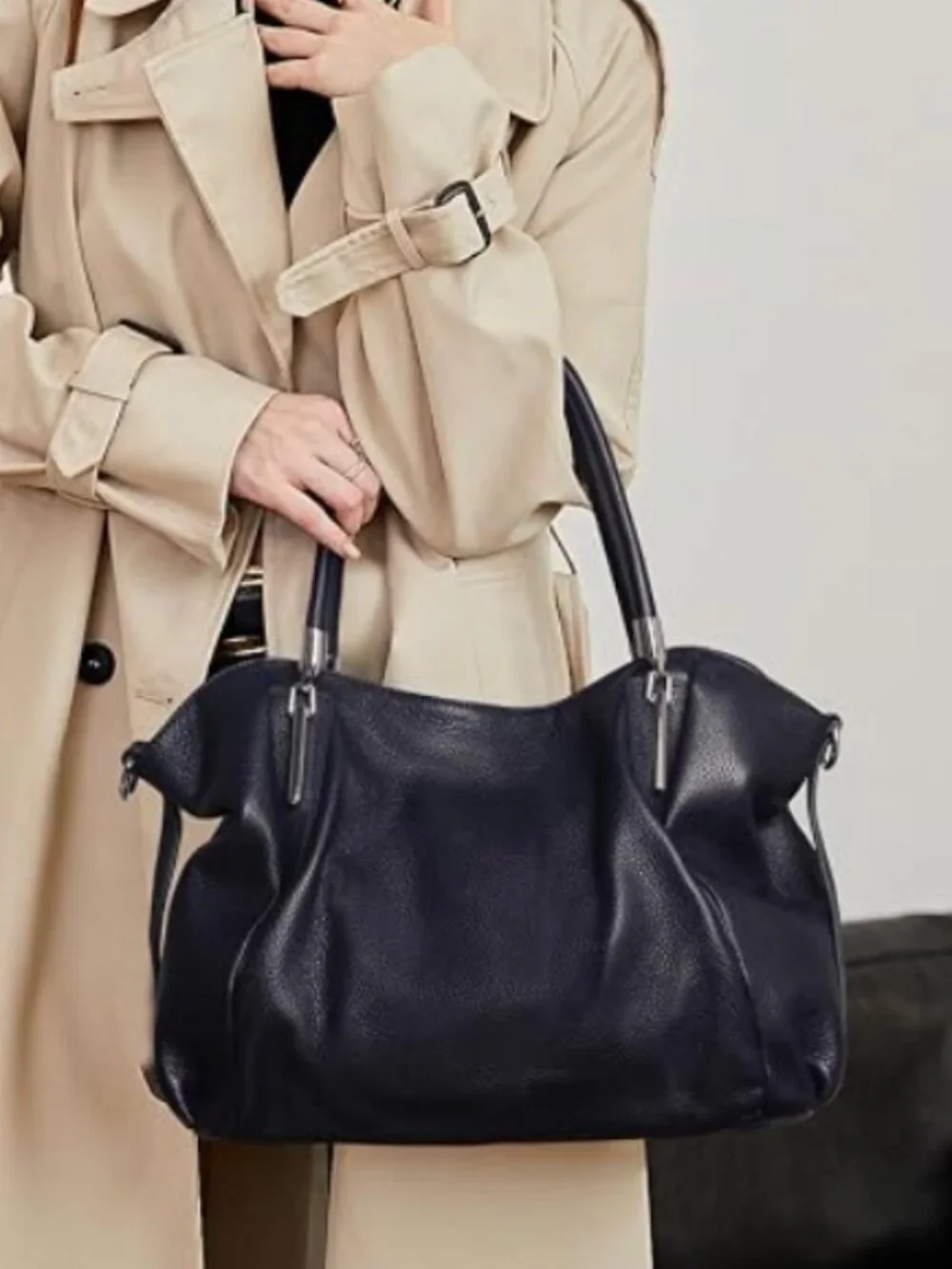 HESHE Genuine Leather Navy Blue Tote Shoulder Bag Satchel Hobo Crossbody